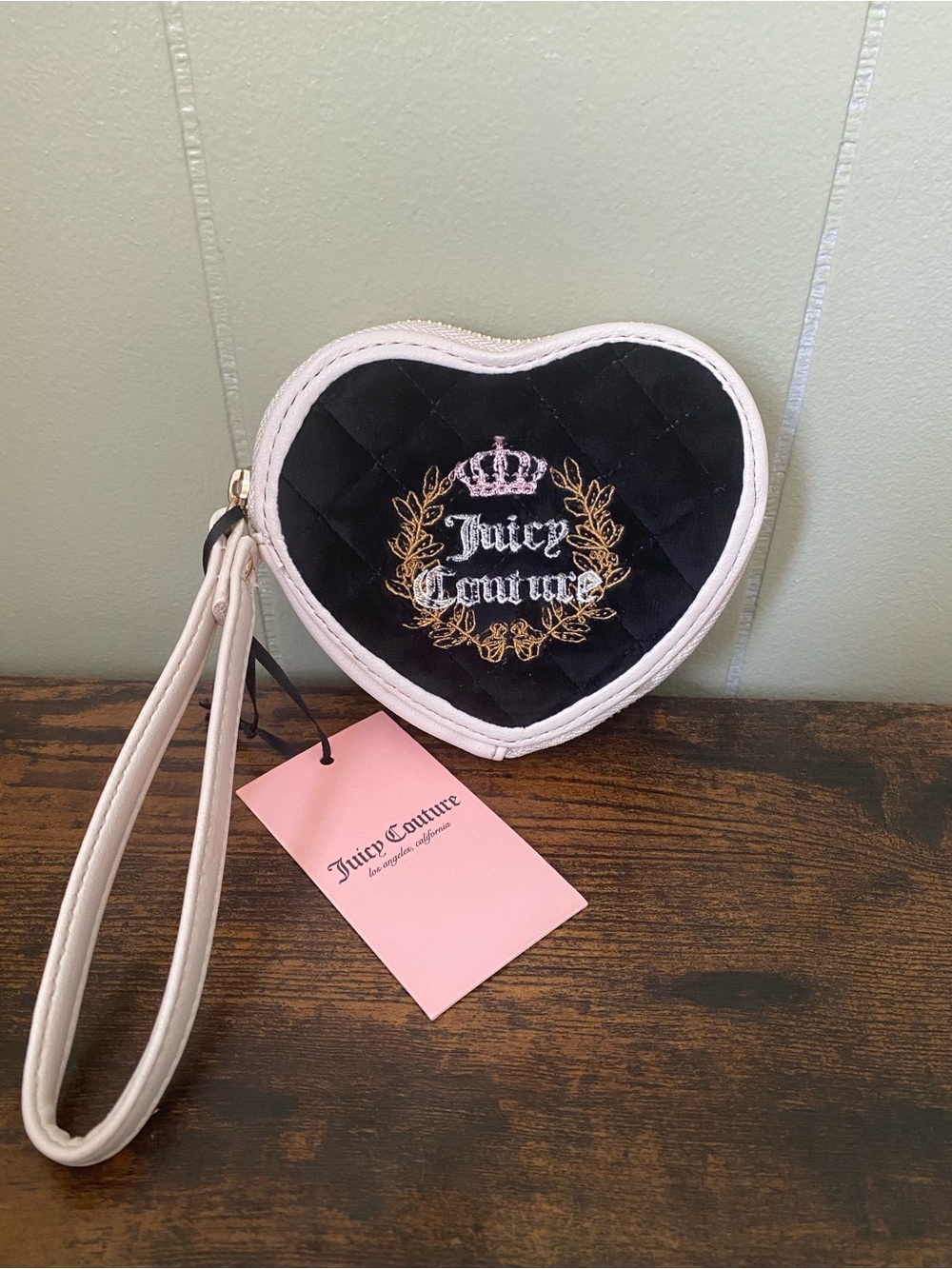 Juicy Couture Black Quilted Heart Wristlet with White Trim
